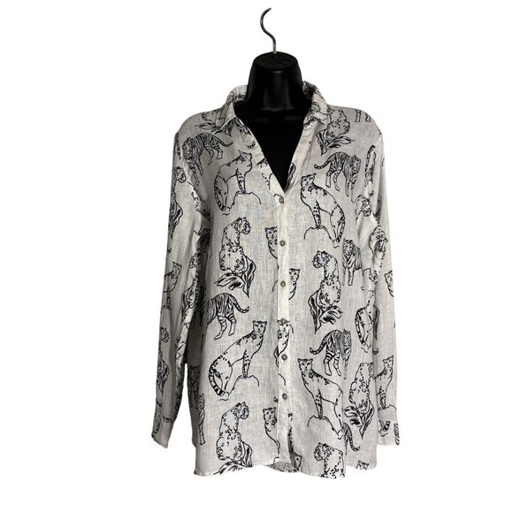 Cynthia Rowley Tops - Cynthia Rowley 100% Linen Button-Up White Shirt With Black Animal Print
